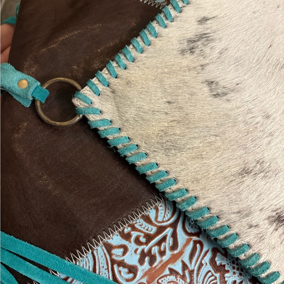 Myra Bag Turquoise and Brown Crossbody with Fringe - Picture 3 of 5